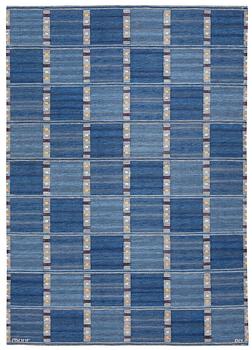 956. CARPET. "Falurutan, m.blå II". Rölakan (flat weave). 242 x 171 cm. Signed AB MMF BN.