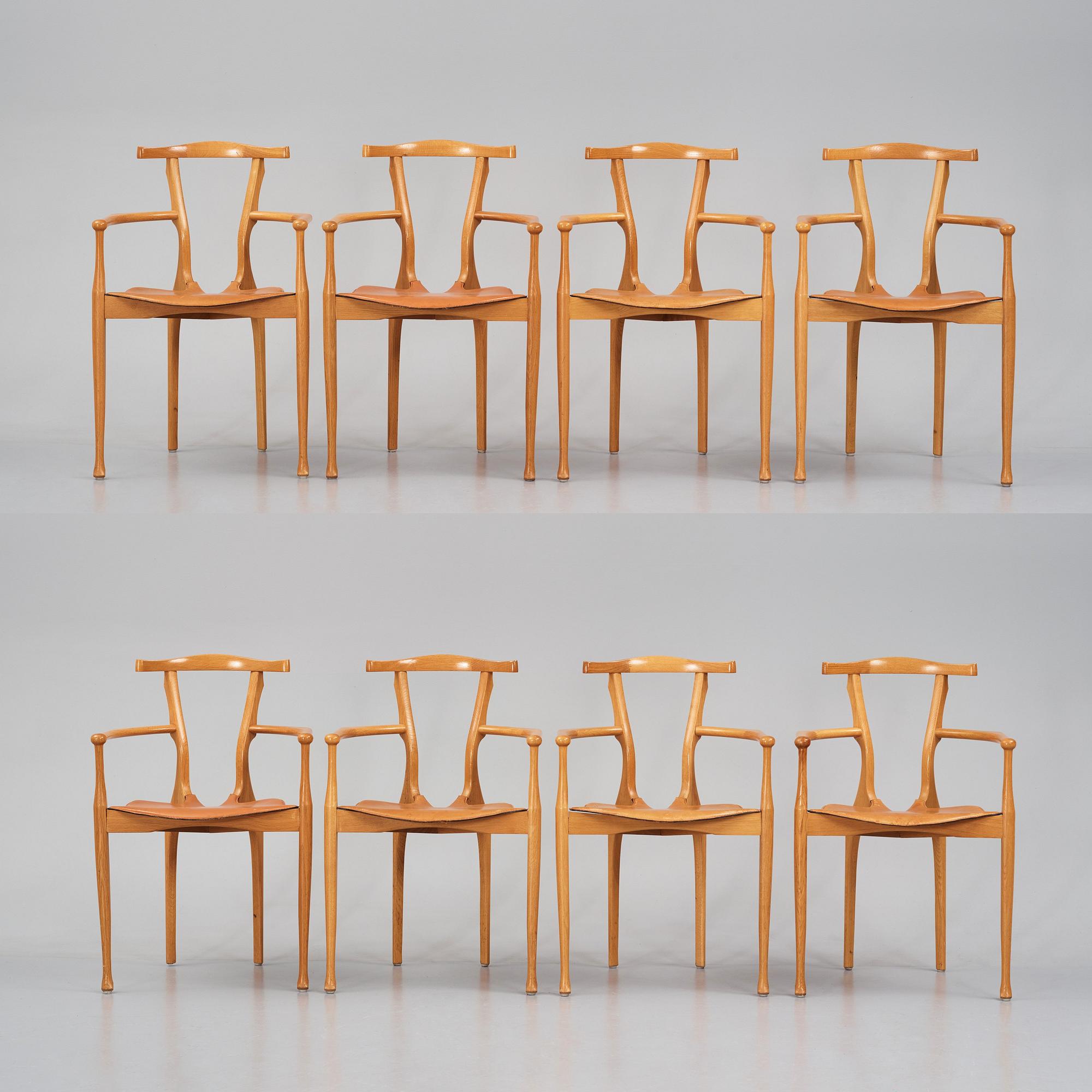 Oscar Tusquets Blanca, a set of 8 oak chairs, "The Gaulino Chair", Carlos Jane, Spain, first edition ca 1987-1988.