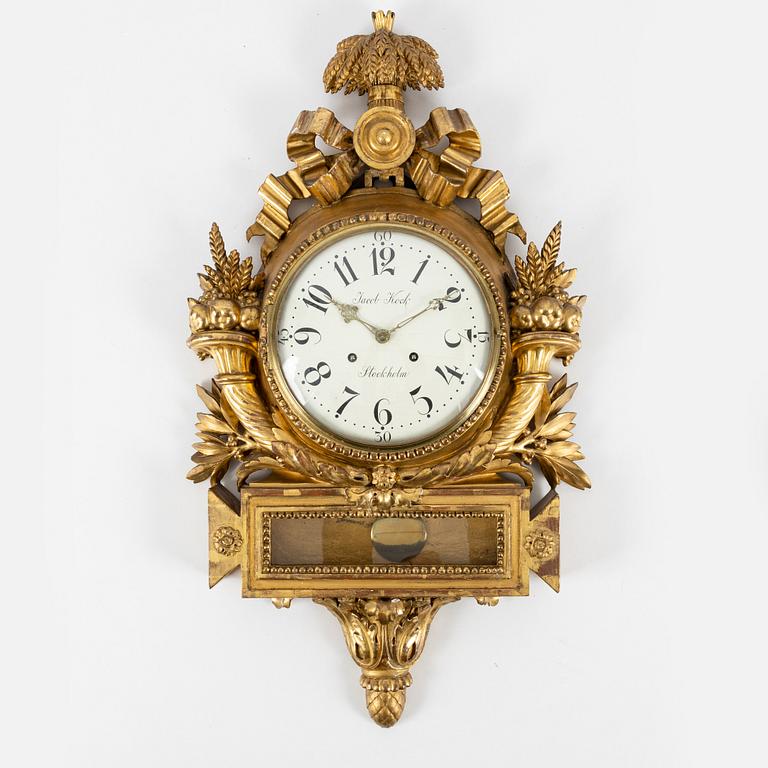 A gilt Gustavian wall clock, Jacob Kock (Royal Clockmaker in Stockholm 1762-1803).