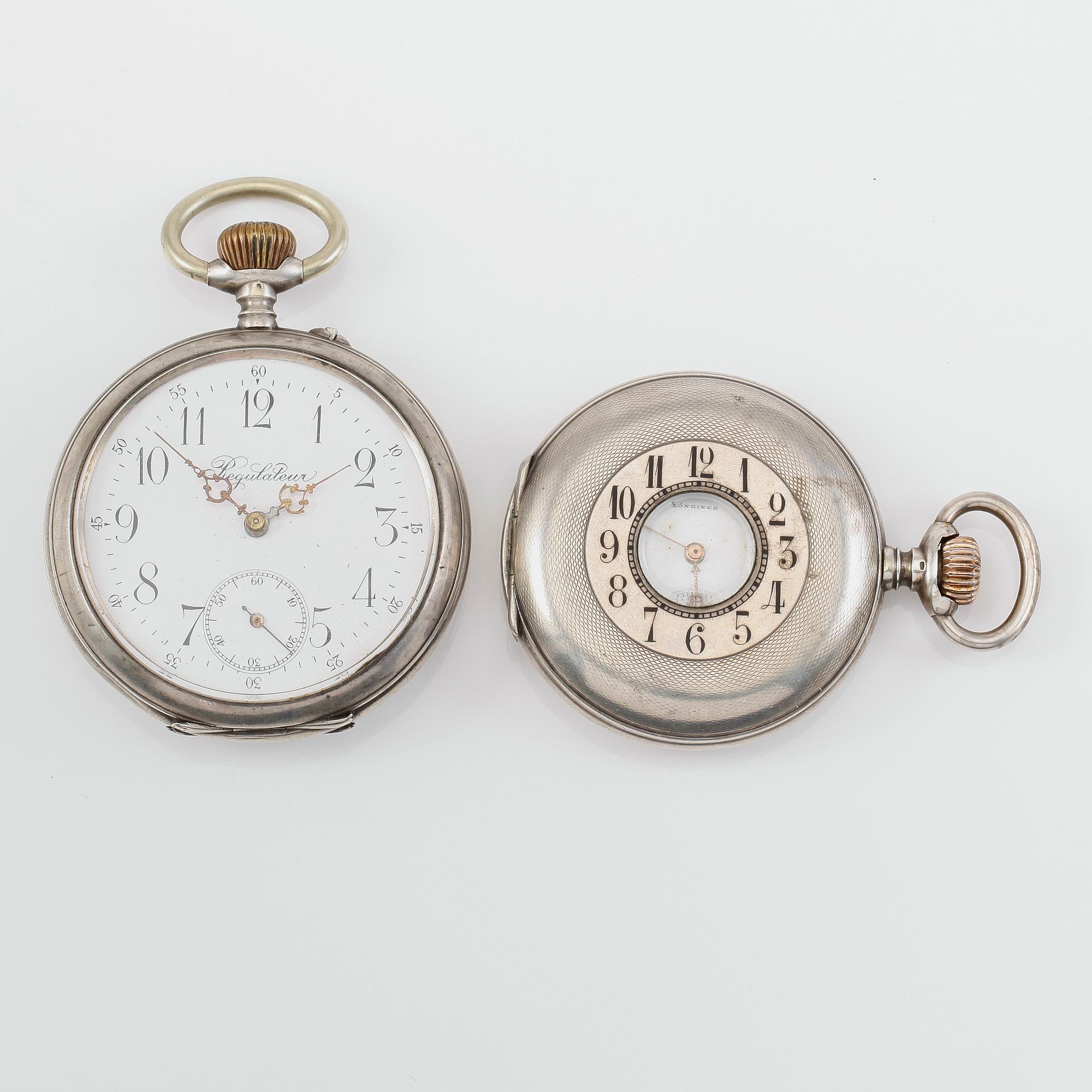 FICKUR, 2 st, silver, Longines samt en märkt Regulateur, 1900-talets första hälft.