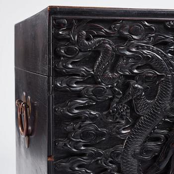 A massive 'five clawed dragon' hardwood storage chest, Qing dynasty, 19th century.
