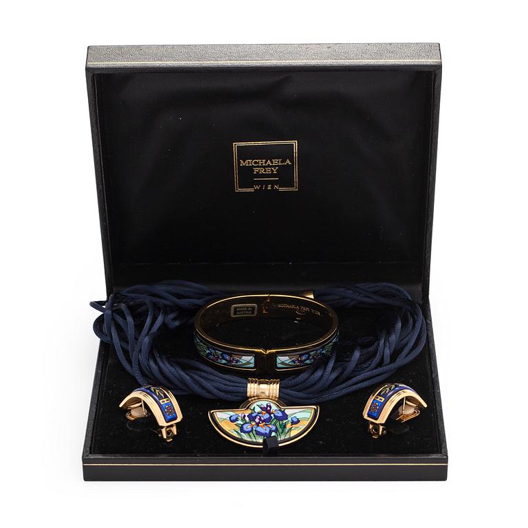 Michaela Frey, armband, halssmycke, örhängen, förgylld metall, emalj, Österrike.