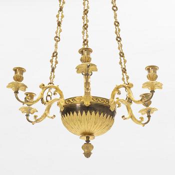 An Empire ormolu six-light hanging chandelier, first part of the 19th Century.