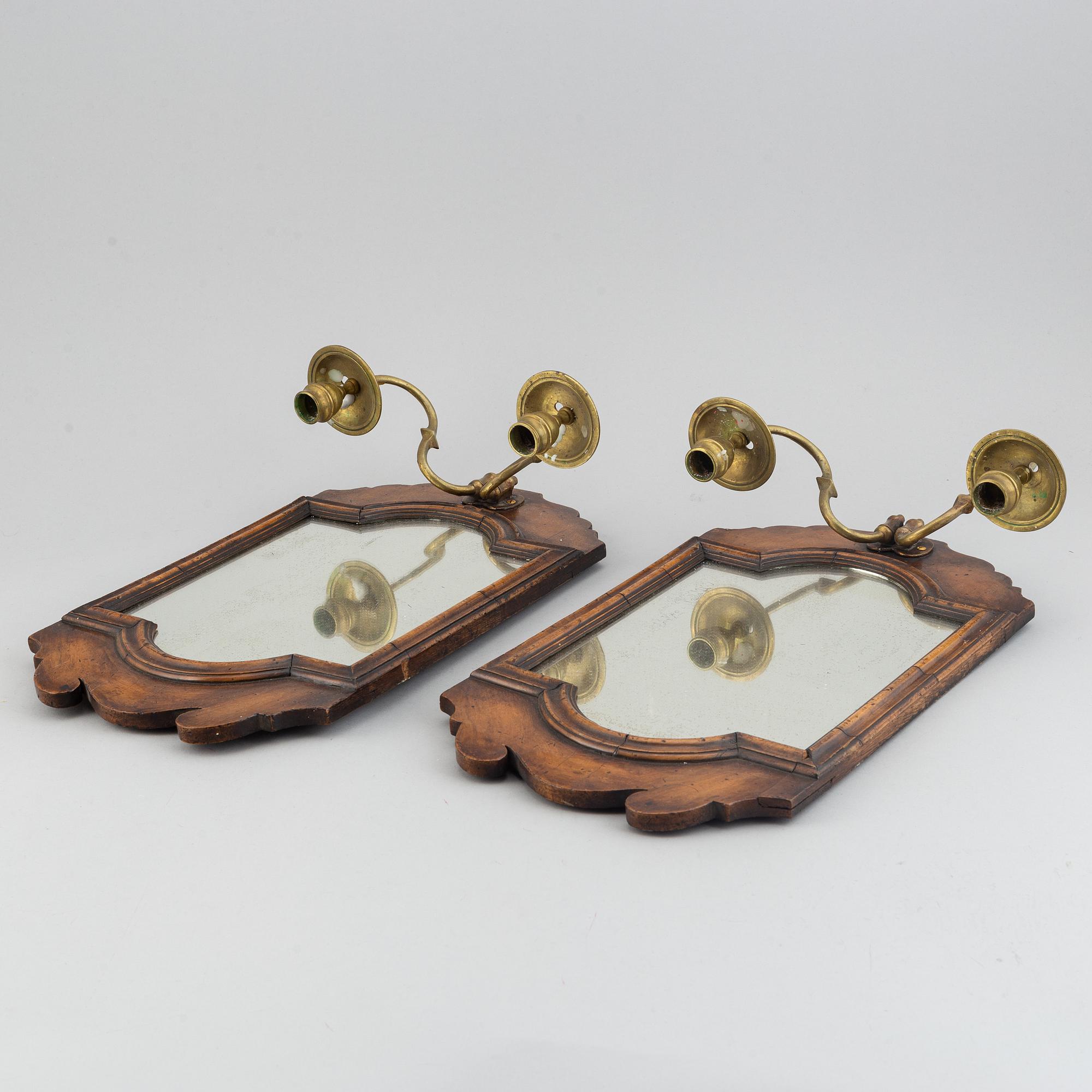 A pair  century wood and brass mirror wall sconces for two candles.c. 1900.