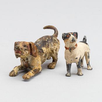 TWO MINIATURE BRONZE DOGS.