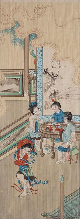 A group of seven Chinese paintings on silk by anonymous artist, Qing dynasty, 19th century.