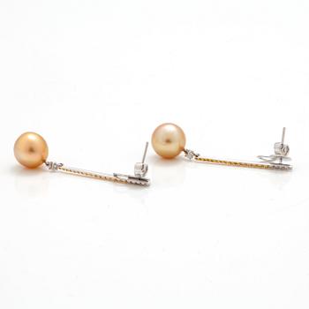 A pair of cultured South Sea earrings with yellow and colourless diamonds.