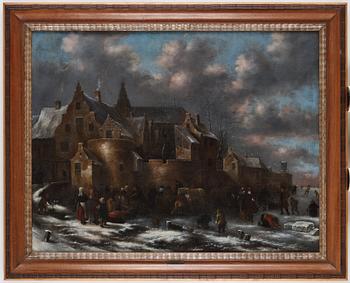 Klaes (Nicolaes) Molenaer Attributed to, Winterlandscape with figures outside the city wall.