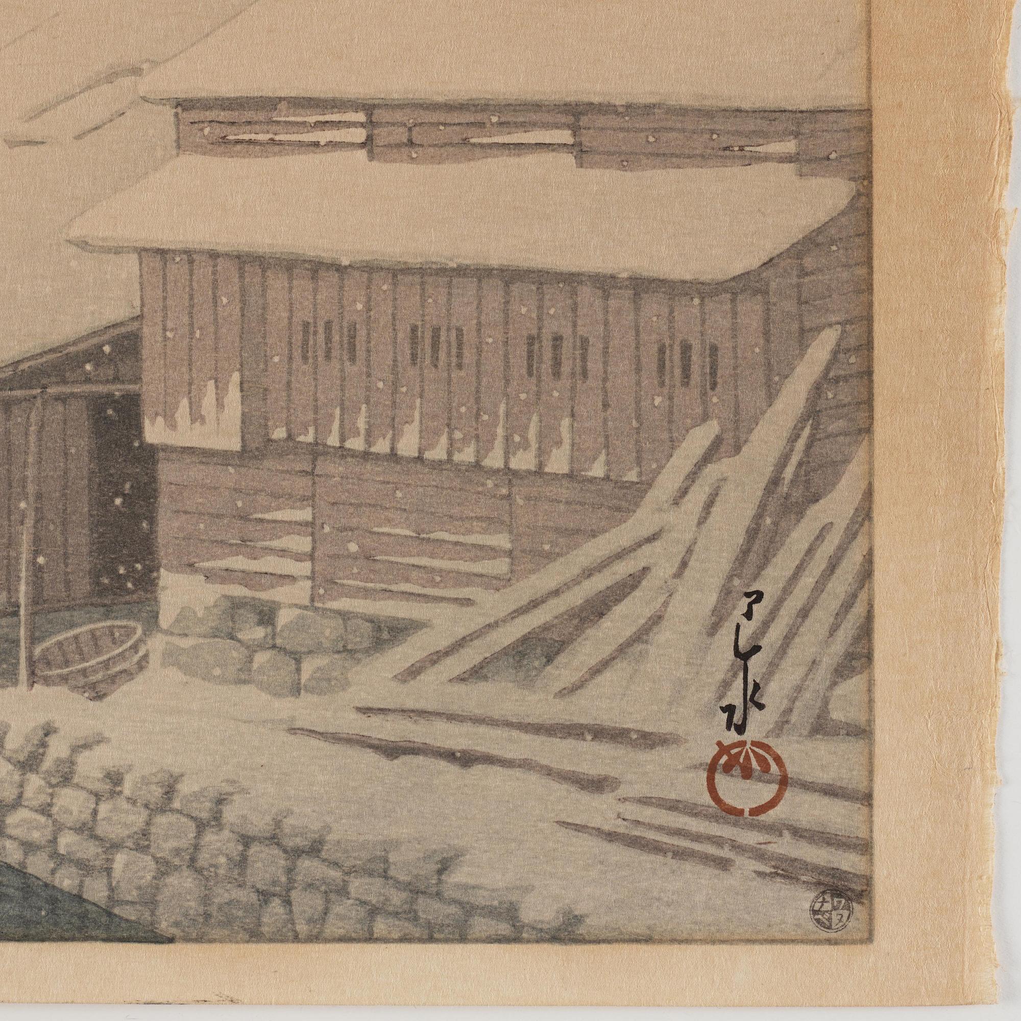 Kawase Bunjiro Hasui, Evening Snow at Ishinomaki (Ishinomaki no bosetsu).