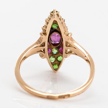 A 14K gold ring with rubies and demantoid garnets. Control marked Anton Vasilijevitch Richter, Astrakhan 1899-1916.