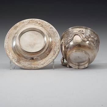 An export silver cup and saucer, probably Shanghai, early 20th century.