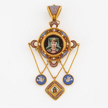 Ett hänge och ett par örhängen 18K guld med mikromosaiker, 1800-tal.