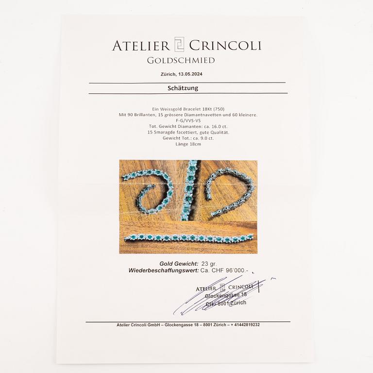 A bracelet in 18K white gold with step-cut emeralds and round and navette-shaped brilliant-cut diamonds.