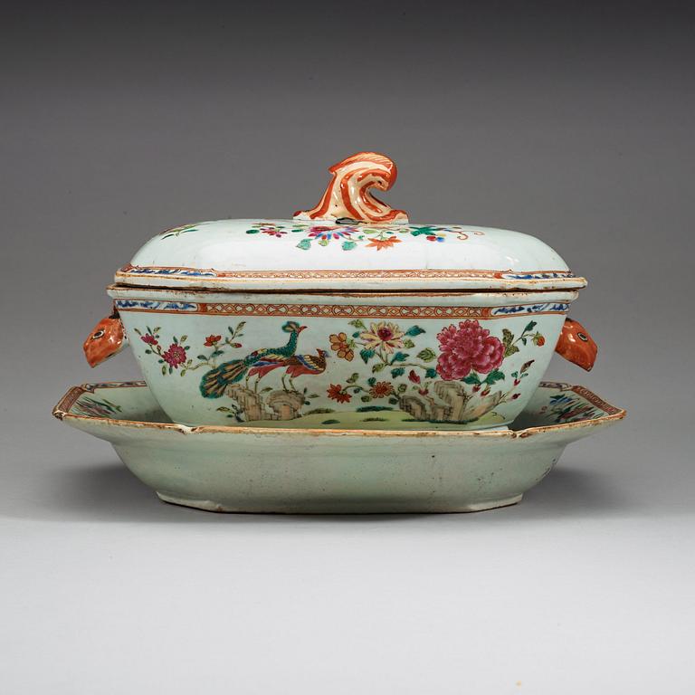 A famille rose 'double peacock' tureen with cover and stand, Qing dynasty, Qianlong (1736-95).