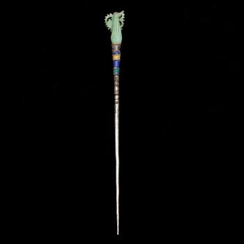 HÅRNÅL, jade, silver och emalj, Kina 1800-tal.