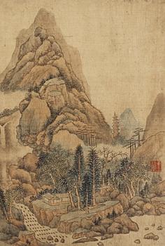 ALBUM, med 12 landskapsmålningar i Wang Huis (1632-1717) stil, Qingdynastin, 1800-tal.