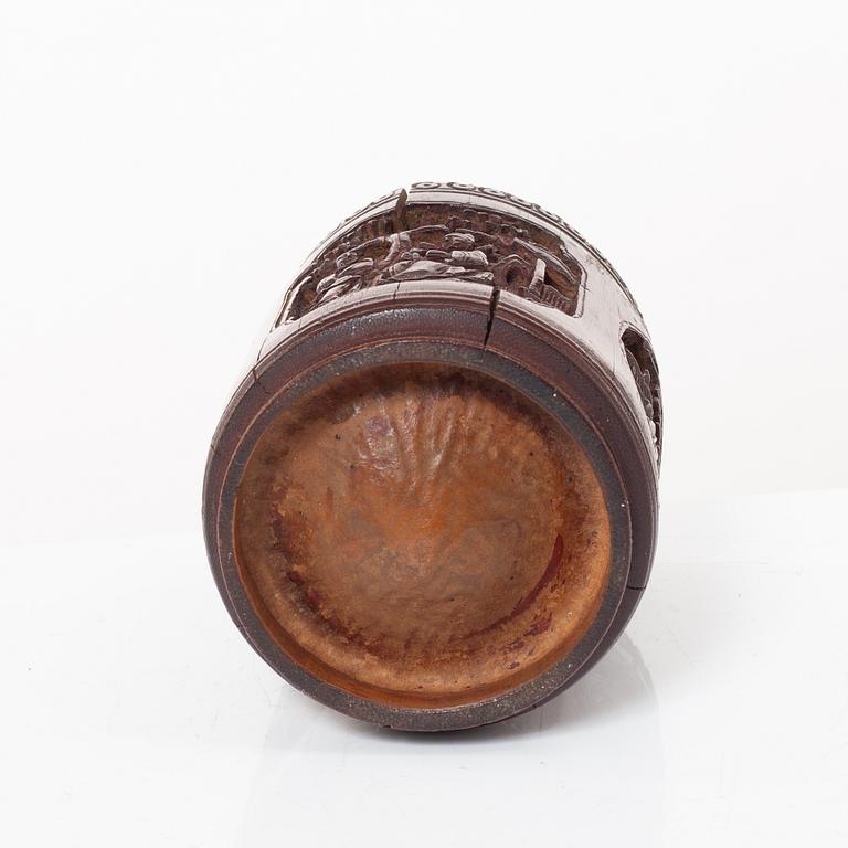 A Chinese bronze vase, joss stick holder and a bamboo brush pot, Qing dynasty.