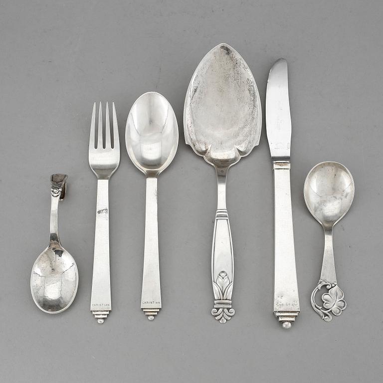 PARTI BESTICK, silver, 6 delar, bl.a. 3 delar sterling, "Pyramid", Harald Nielsen, Georg Jensen, 1945-77. Vikt 250 g.