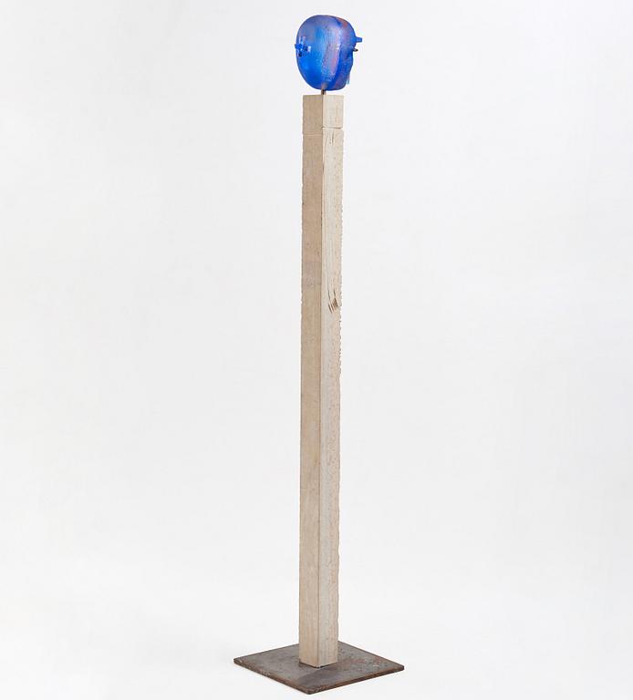 Bertil Vallien, a unique sand casted blue glass 'Head' sculpture on a hewn and polished limestone plinth, Kosta Boda, Sweden.