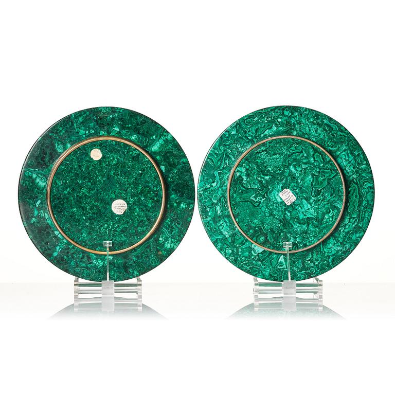 A pair of important Bolin 18K Gold and Gilt Silver Imperial presentation Malachite dishes, C.E. Bolin, St Petersburg, ca.