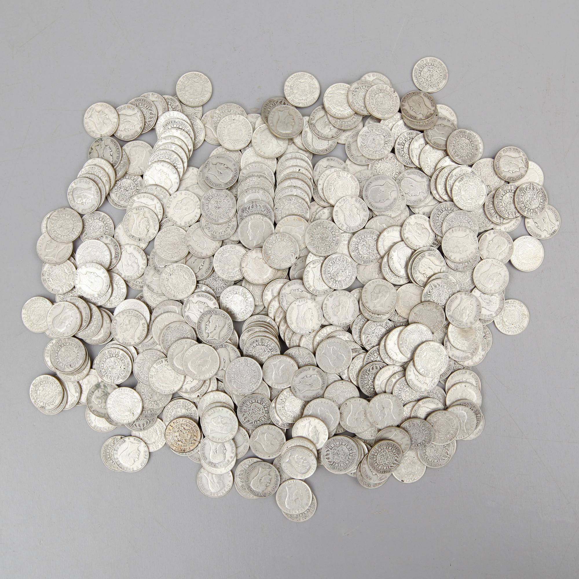 SAMLING SILVERMYNT, enkronor, Gustaf V, 1910-1941. Vikt ca 3000 gram.