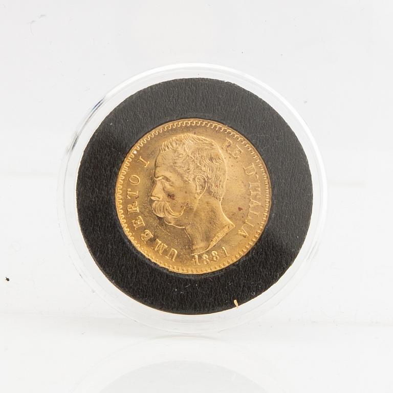 Guldmynt Italien, Umberto I 20 Lire, 1881.
