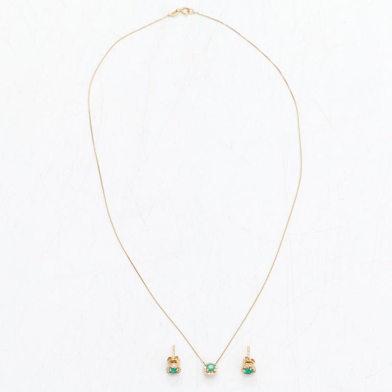 A pair of earrings and a chain ca 18K gold, and a pendant ca 14K gold with emeralds and diamonds ca 0.24 ct in total.