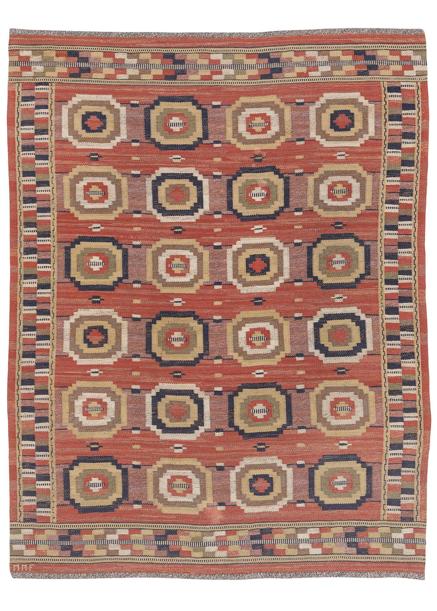 Märta Måås-Fjetterström, a 'Röda åttan' carpet, flat weave, c. 267 x 202 cm, signed MMF.