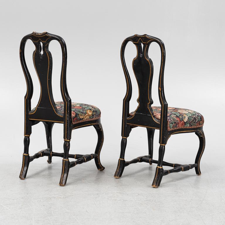 A pair of painted rococo chairs, first part of the 18th Century.