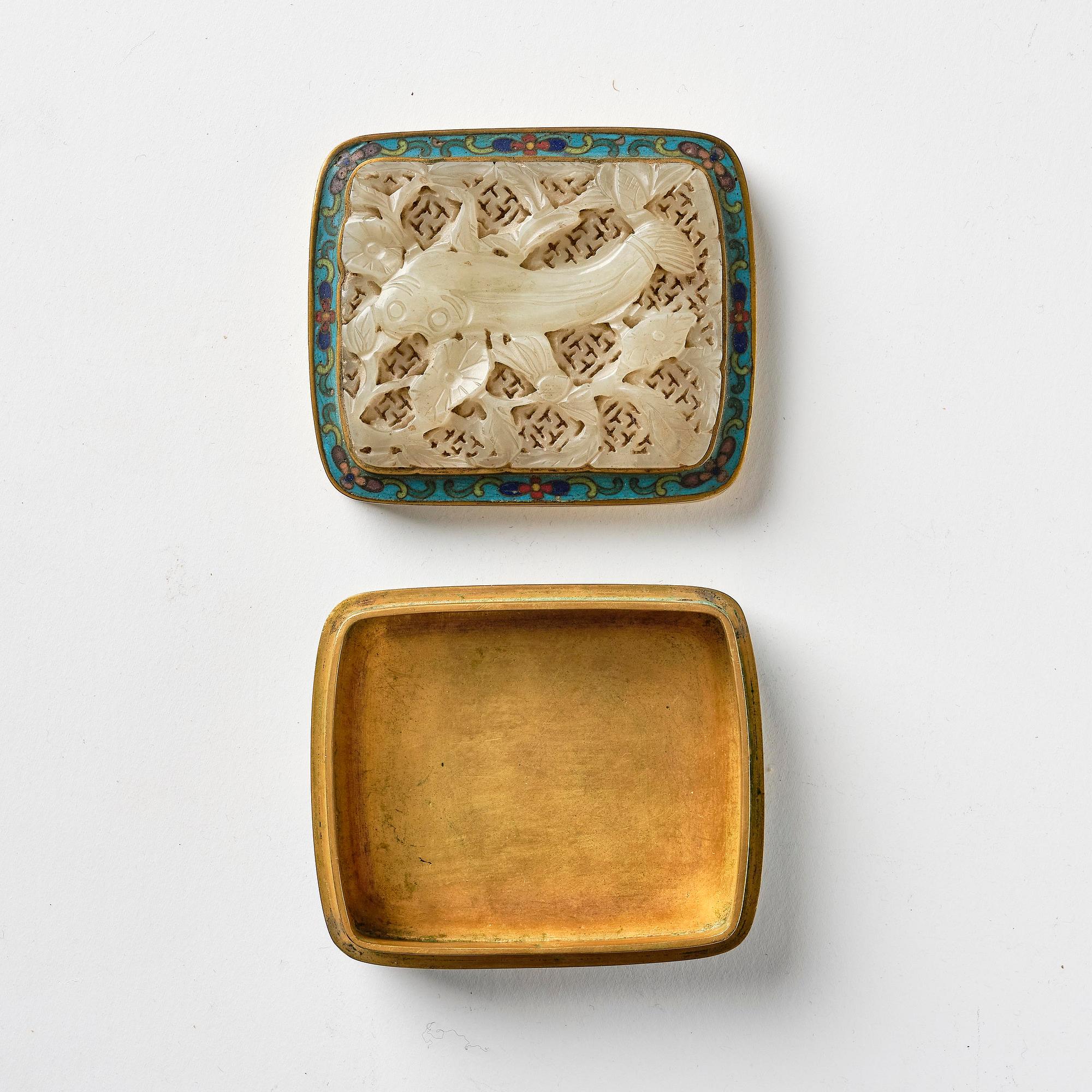 A cloisonné and jade box with cover, Qing dynasty.