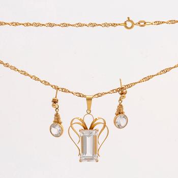 PENDANT on CHAIN and EARRINGS, 18K gold and rock crysta (pendant) and spinel (earrings), 1956.