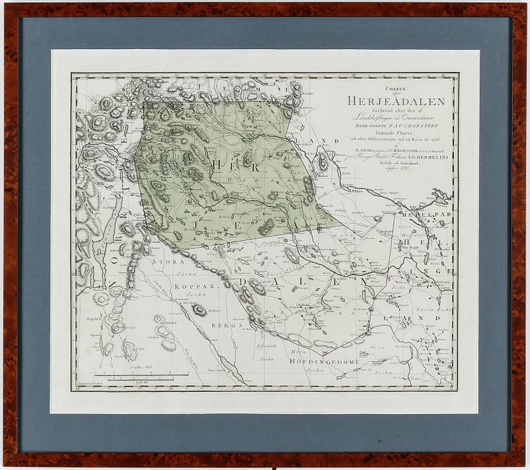 KARTA, delvis handkolorerad etsning, över Härjedalen, utgiven 1797.