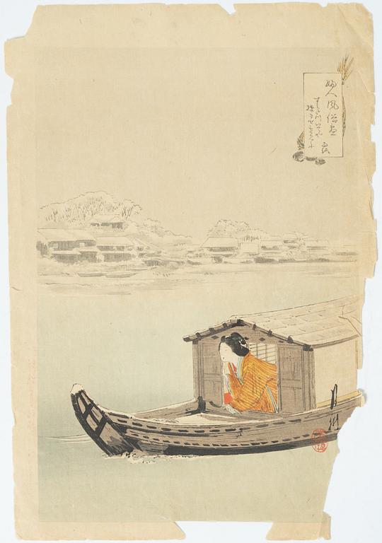 Träsnitt, fyra stycken, Japan, bland annat Ogata Gekko och Utagawa Kunisada.