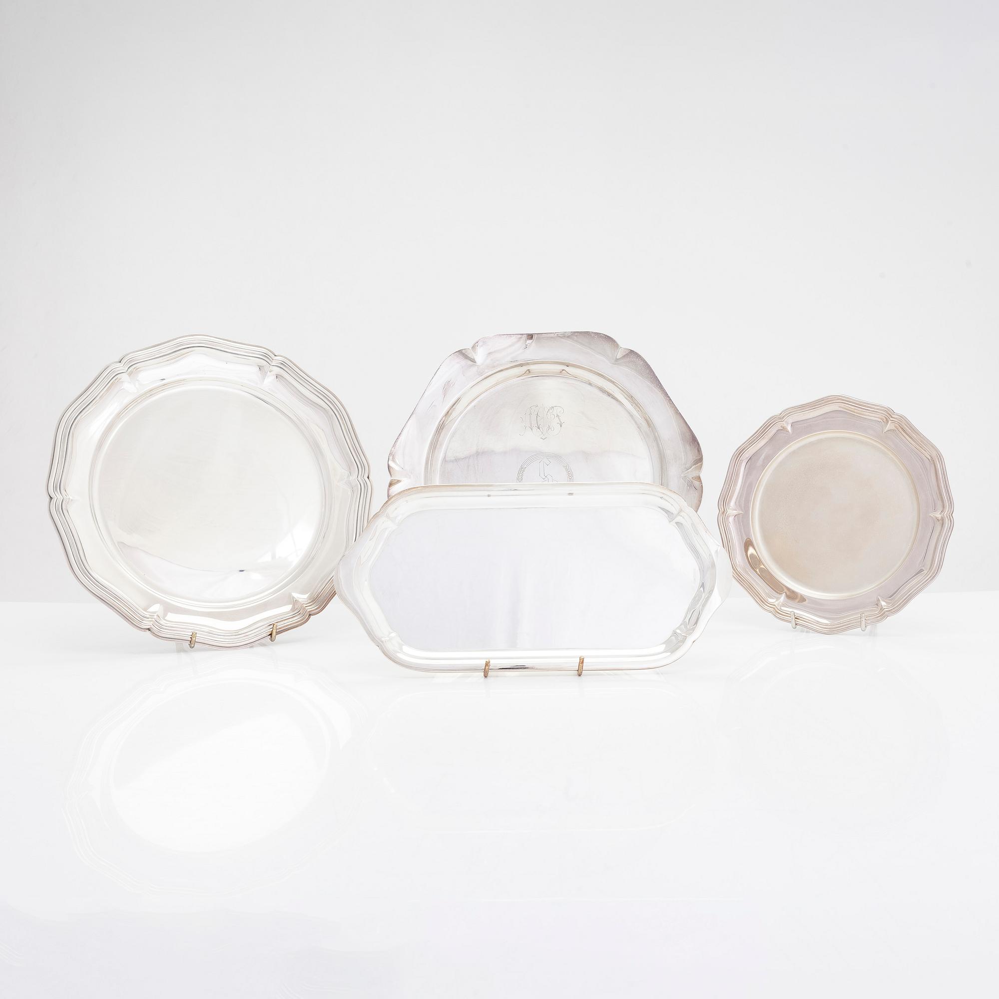 Three silver plates and a tray, Turku and Hämeenlinna, Finland 1956-95.