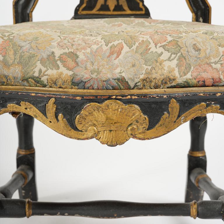 A pair of japanned Swedish rococo armchairs, Stockholm, later part 18th century.