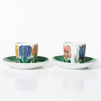 Stig Lindberg, five 'Tahiti' coffee cups with saucers, Gustavsberg.