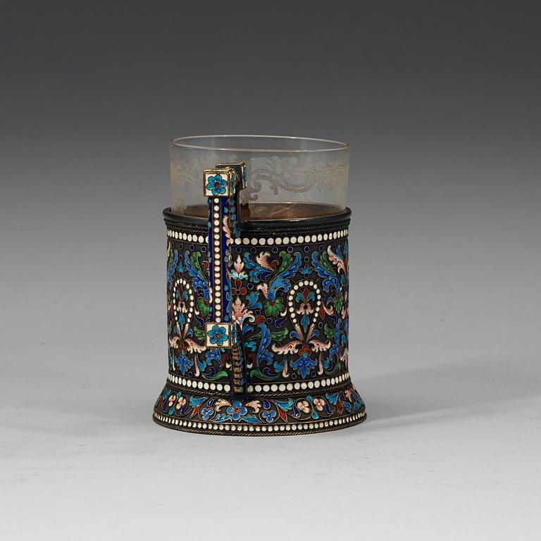 A Russian 19th century silver-gilt and enamel tea-glass holder, unidentified makers mark, Moscow 1880's.