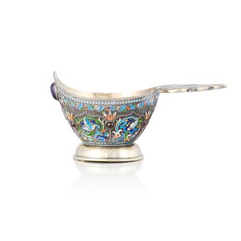 A Russian early 20th Century silver-gilt and enameled kovsh, mark of Semen kazakov, Moscow 1908-1917.