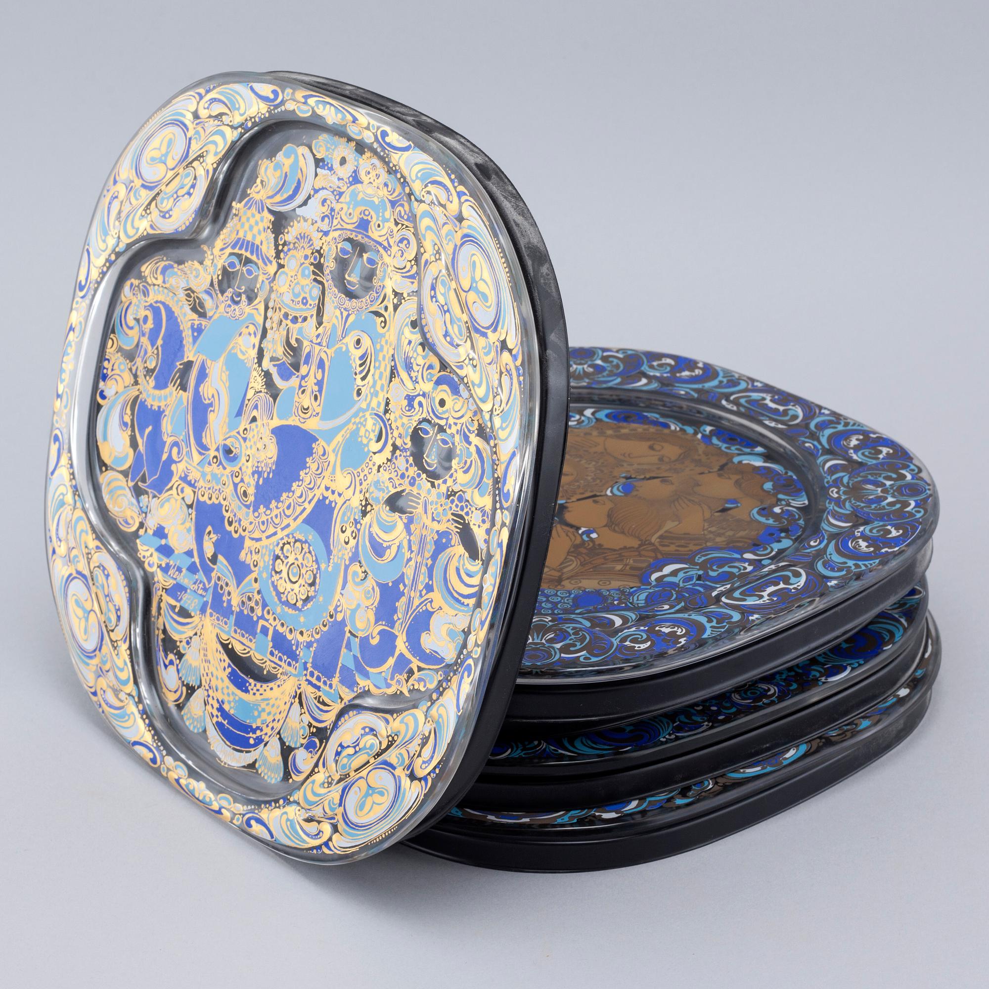 Five glass plates, designed by Bjørn Wiinblad for Rosenthal Studio Linie, 1970/80s.