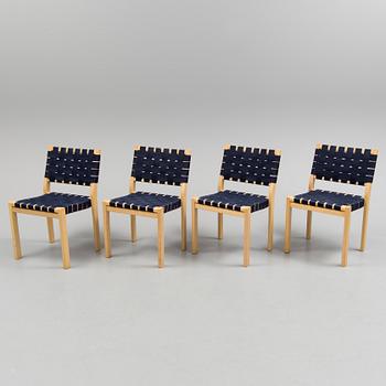 Four of Alvar Aalto birch tree and canvas chairs, model 611 by Artek.