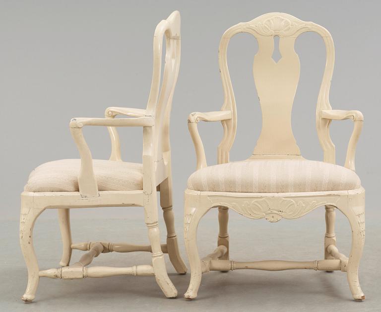 A pair of Swedish Rococo 18th century armchairs.