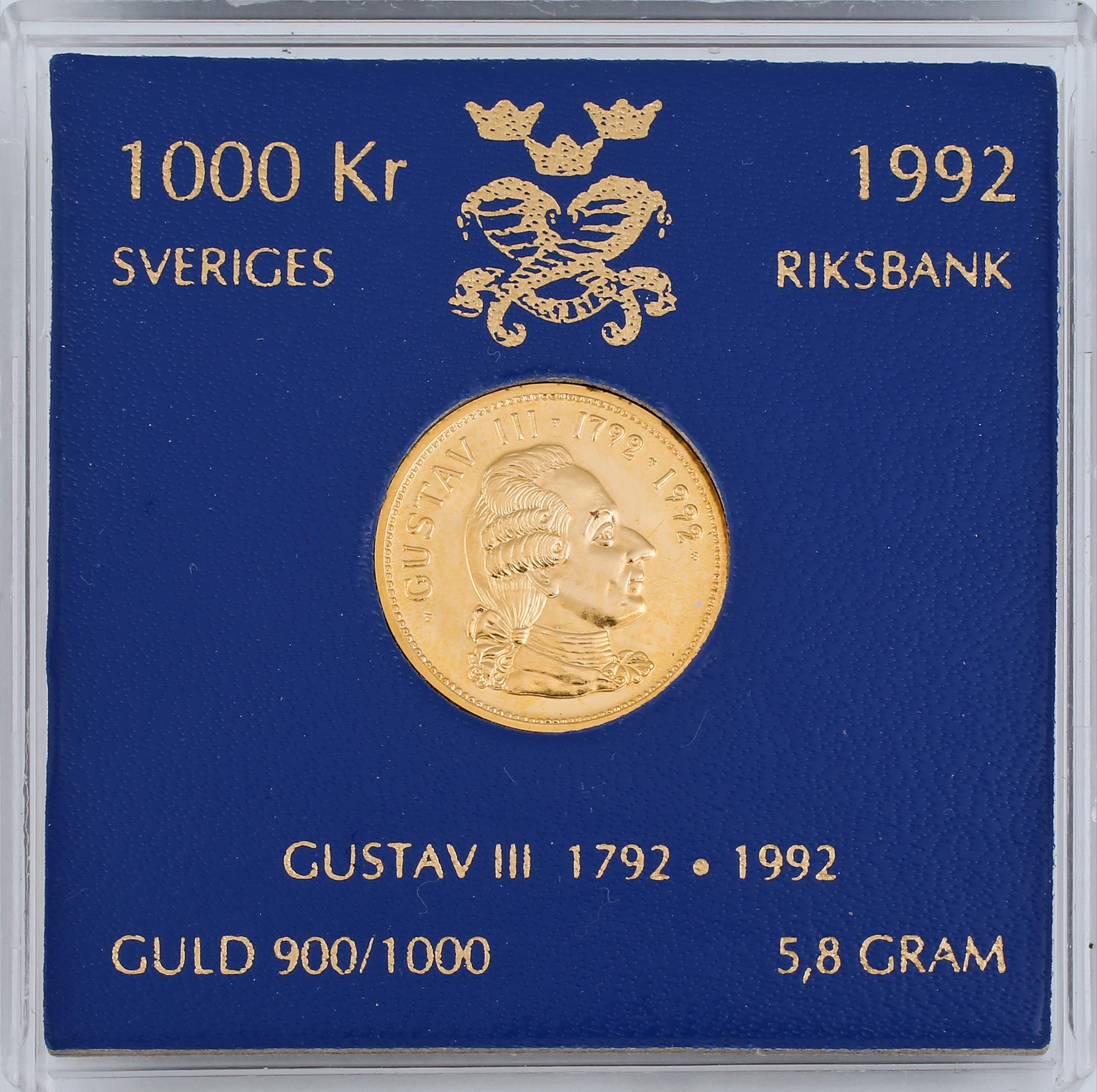 MYNT, guld 900/1000, Sveriges Riksbank jubileumsmynt 1992, vikt 5,8 g.