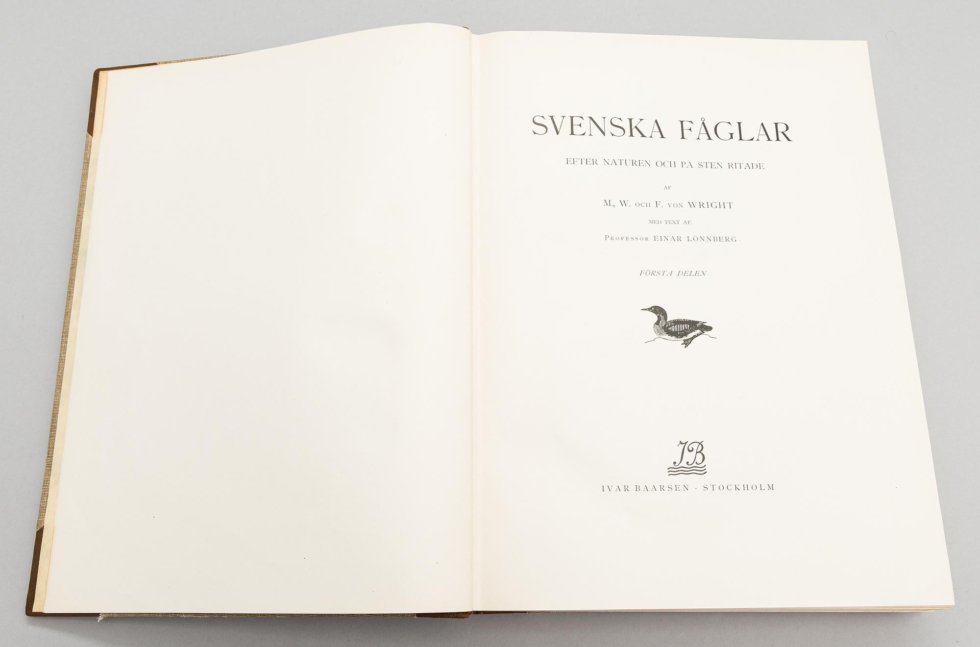 Book, 3 vol, "Svenska Fåglar", M,W & F von Wright. 1924 and 1929 Stockholm.