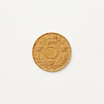 Gold  coin, Gustav V, Sweden, 5 kronor, 1920.
