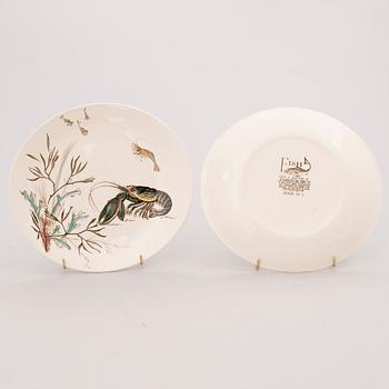 A set of 12 'Fish' dinner plates and two serving dishes, 'Fish' and 'Bird Game', Johnson Brothers, England.