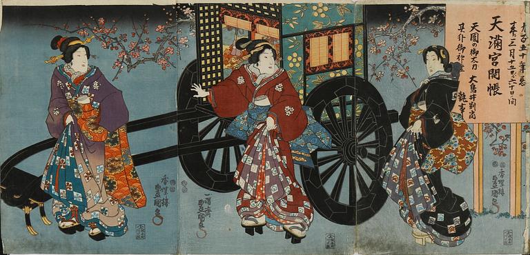 UTAGAWA KUNISADA (TOYOKUNI III), TROLIGEN, triptyk, träsnitt, sent 1800-tal.