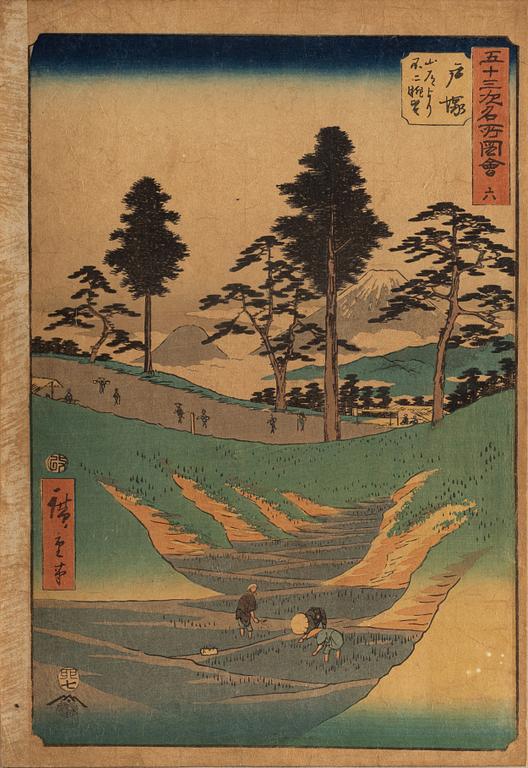 Ando Utagawa Hiroshige, two colour woodblock prints, Japan, 1855.