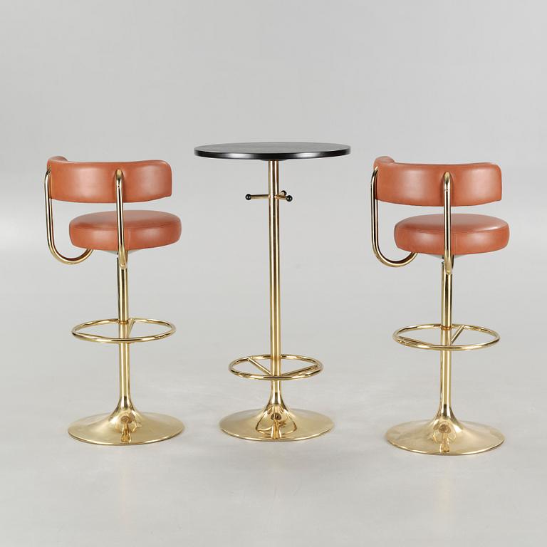 Two bar stools and a bar table by Börje Johanson, model "Jupiter", for Johanson design, second half of the 20th century.
