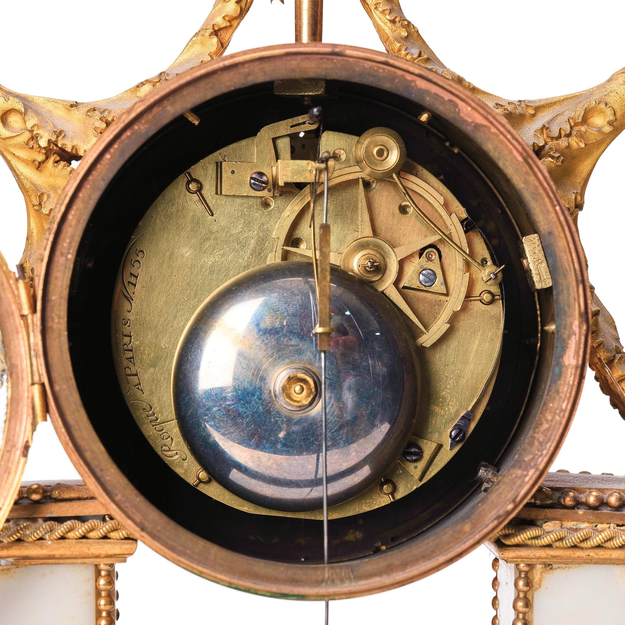A Louis XVI gilt bronze and white marble mantel clock, late 18th century.