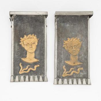 David Wretling, a pair of 1920's/30's Swedish Grace pewter wall sconces, signed.